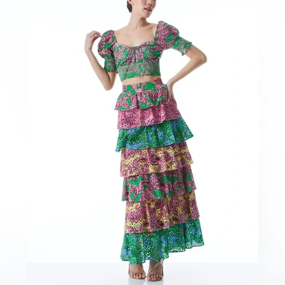 Alice and Olivia Crawford lace up smocked top and Jia ruffled tiered skirt - Picture 2 of 11